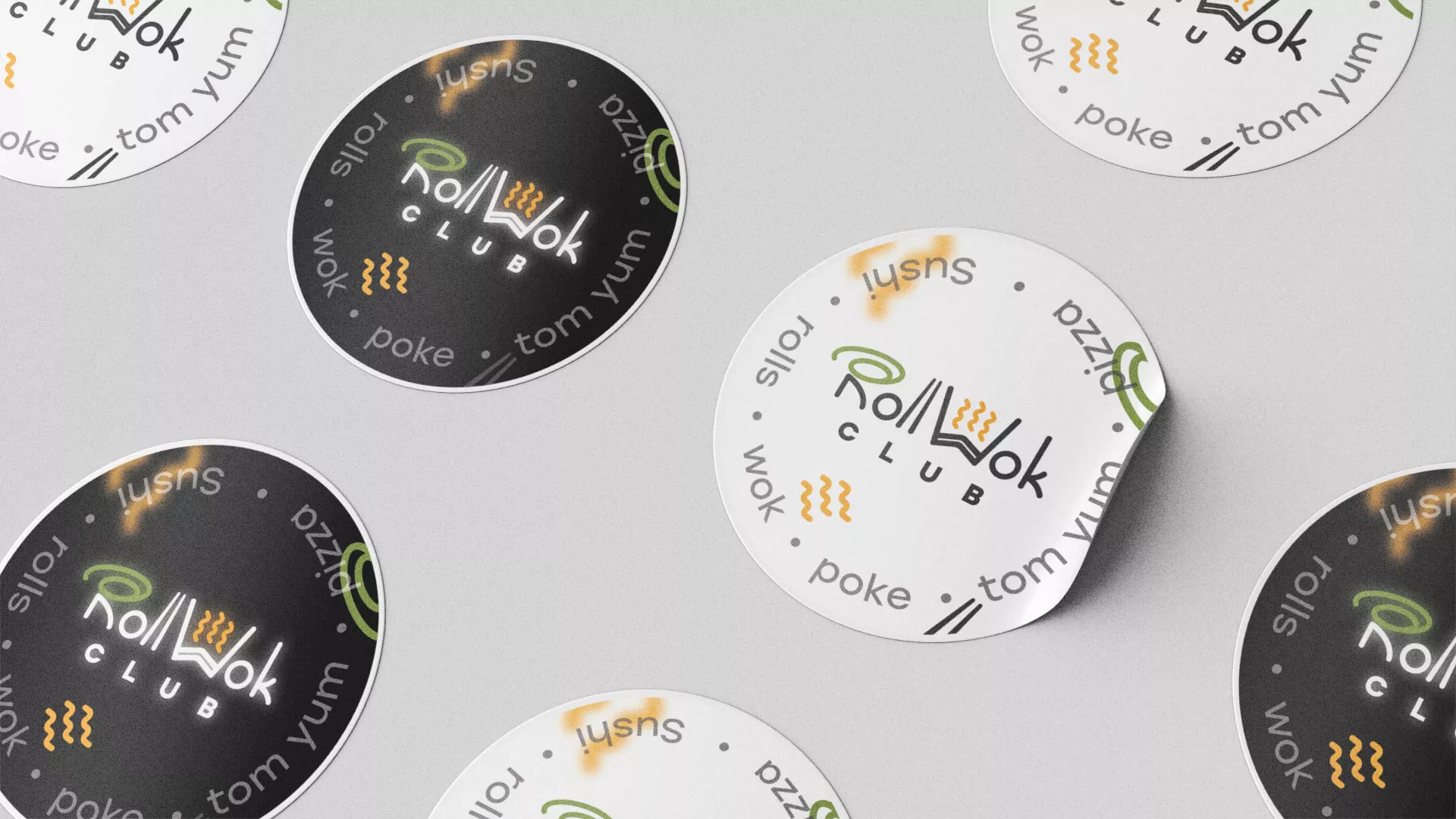 Разработка дизайна наклеек для суши-бара «Roll Wok Club» в Зеленодольске